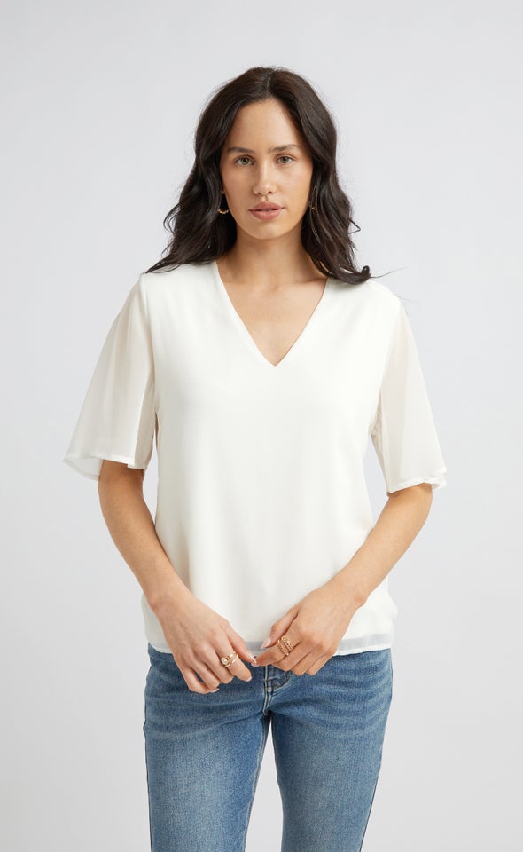 Jersey Back Flutter Sleeve Top Winter White