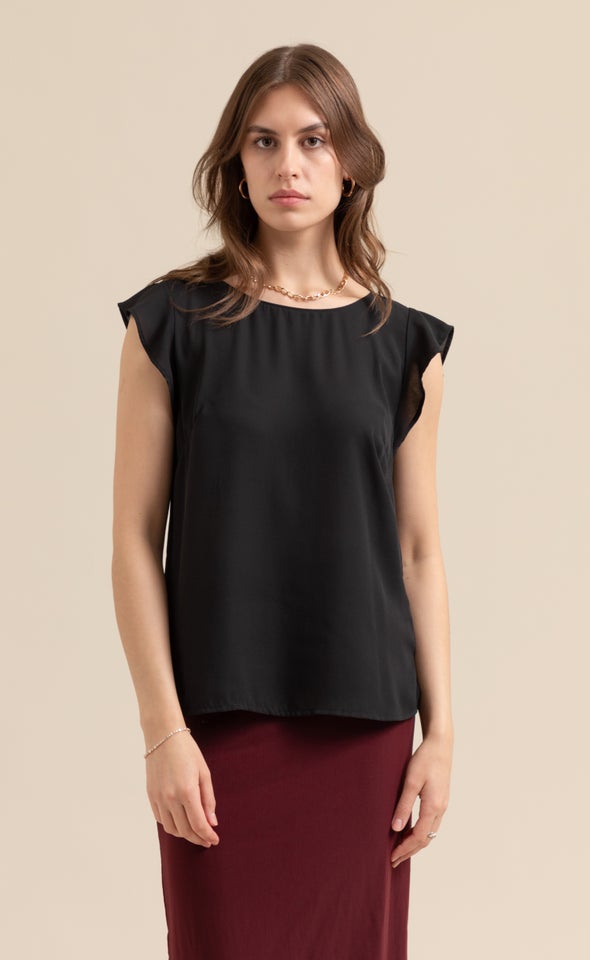 Jersey Back Frill Sleeve Top Black