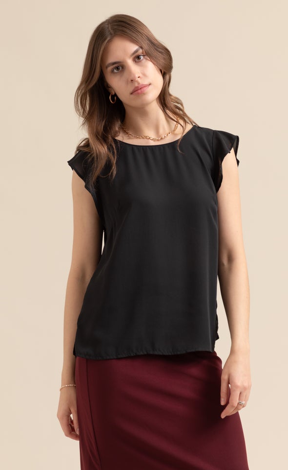 Jersey Back Frill Sleeve Top Black