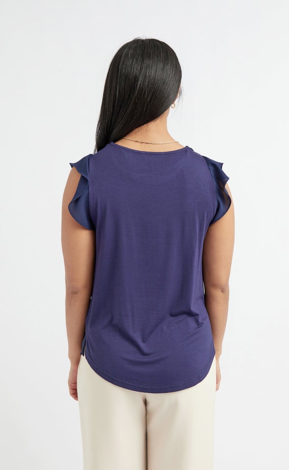 Jersey Back Frill Sleeve Top Navy