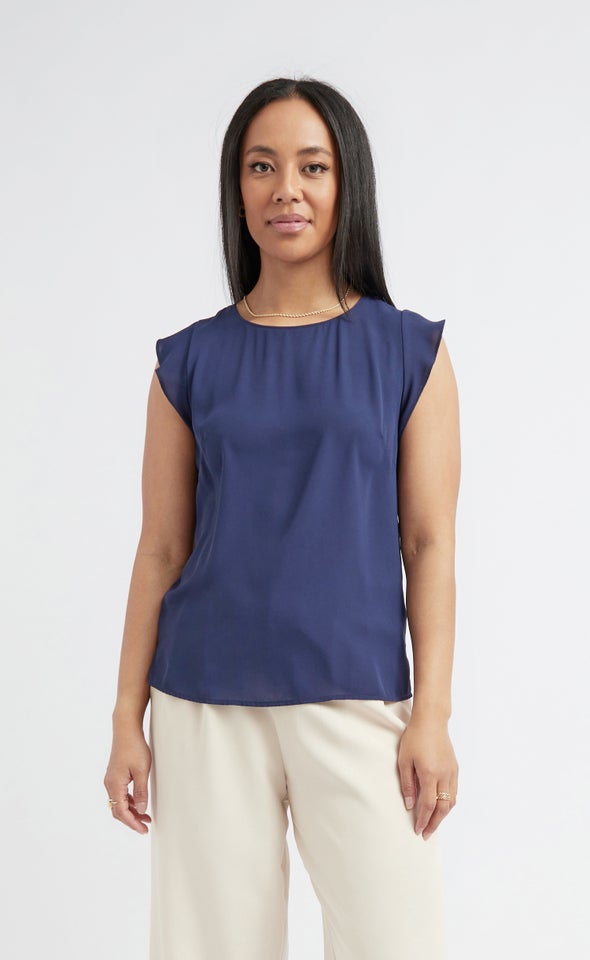 Jersey Back Frill Sleeve Top Navy