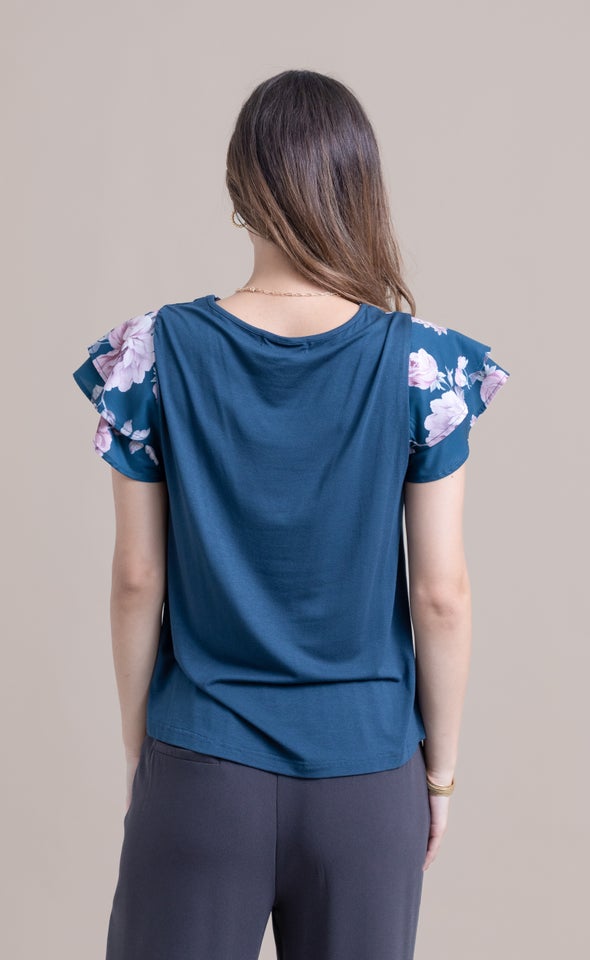 Jersey Back Layered Sleeve Top Emerald Floral