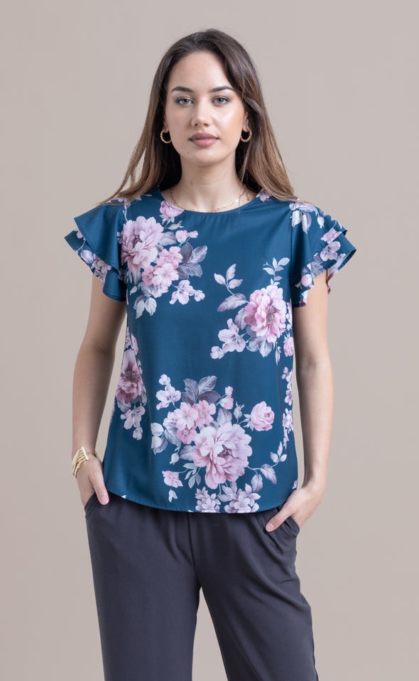 Jersey Back Layered Sleeve Top Emerald Floral