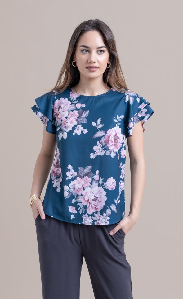 Jersey Back Layered Sleeve Top Emerald Floral