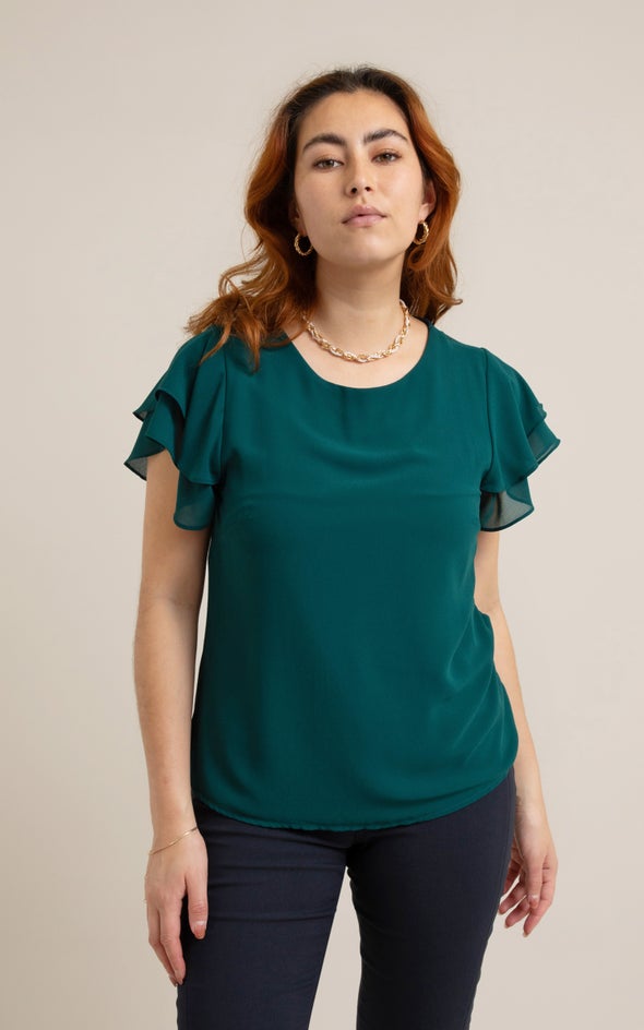 Jersey Back Layered Sleeve Top Emerald