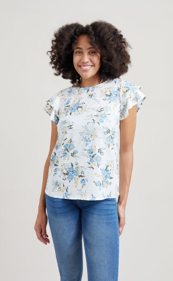 Jersey Back Layered Sleeve Top White/blue Floral