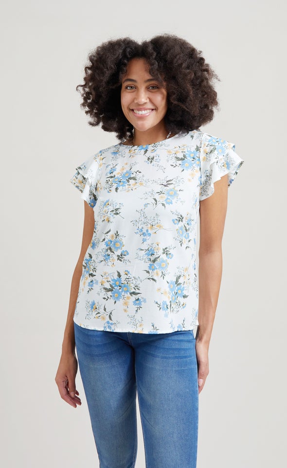 Jersey Back Layered Sleeve Top White/blue Floral