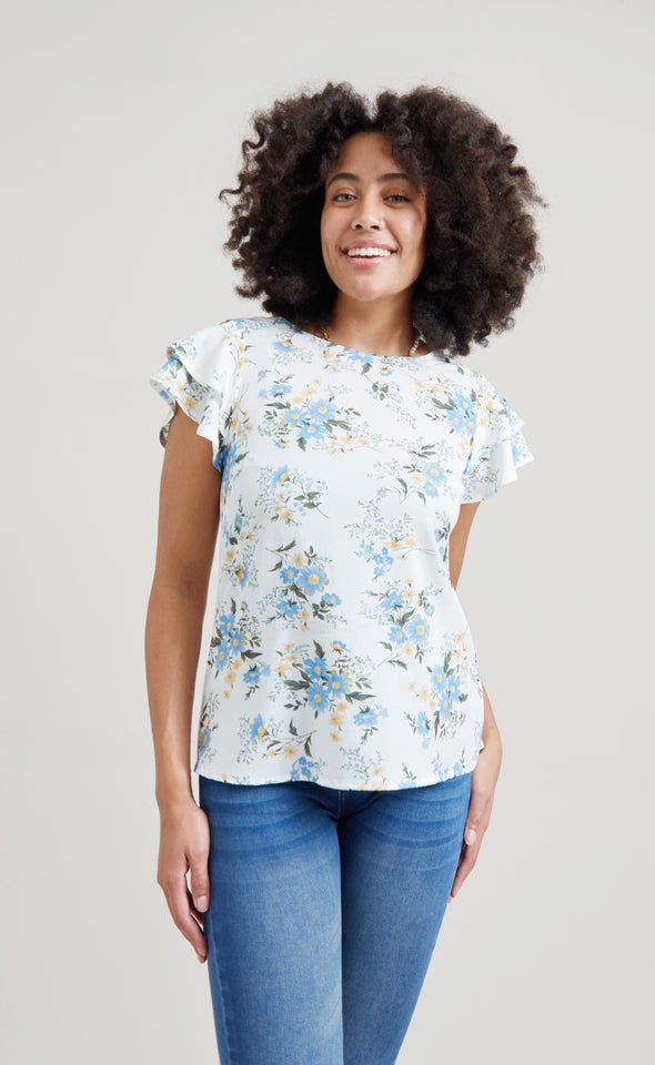 Jersey Back Layered Sleeve Top White/blue Floral