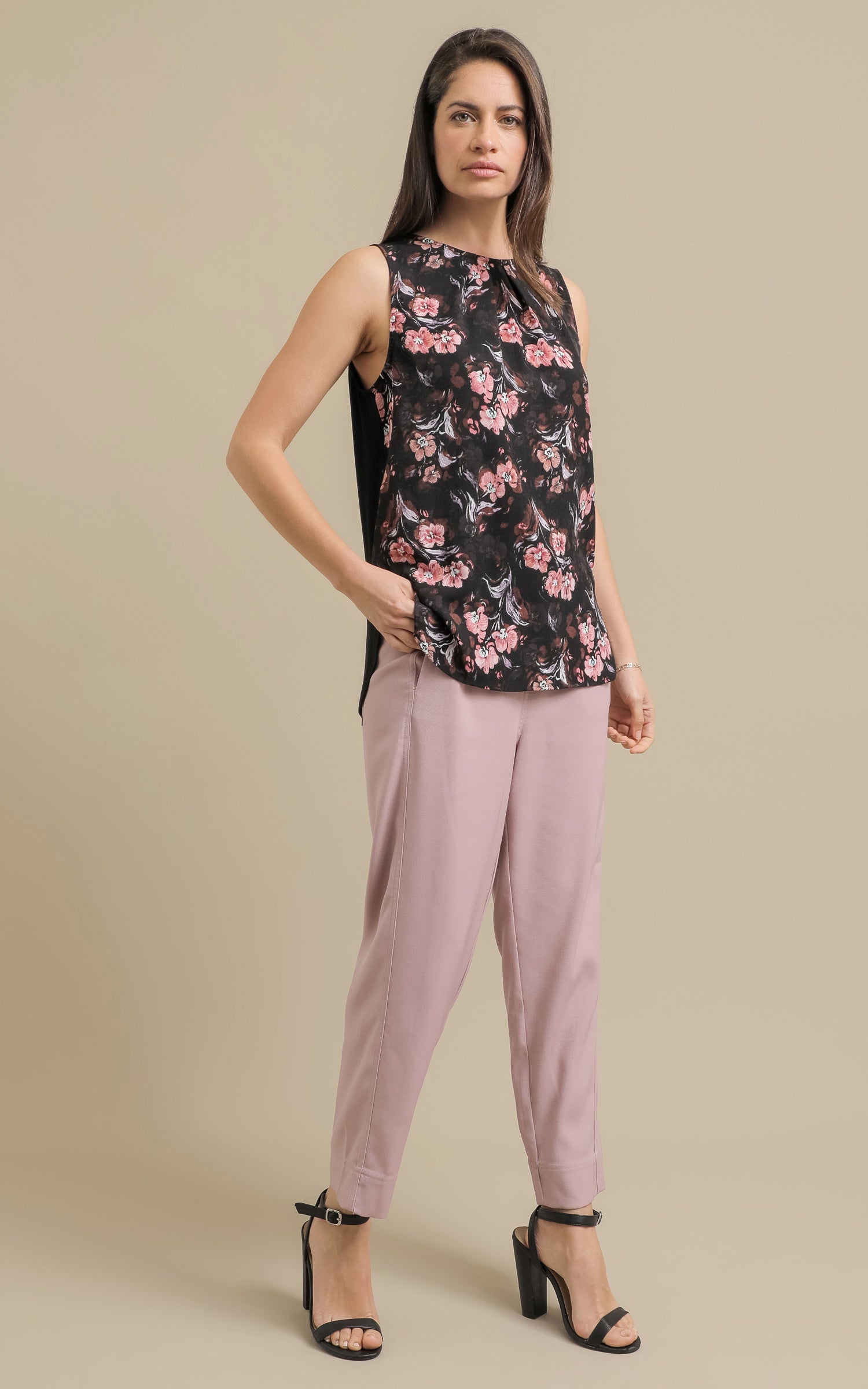Shop our Jersey Back Pleat Shell Top in Black/floral | Pagani