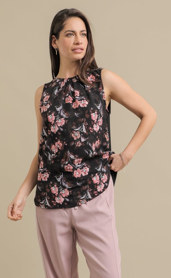 Jersey Back Pleat Shell Top Black/floral