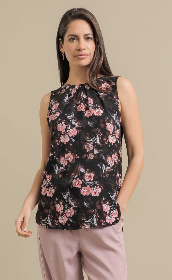 Jersey Back Pleat Shell Top Black/floral