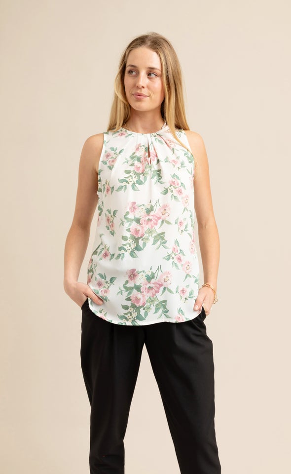 Jersey Back Pleat Top Cream Floral