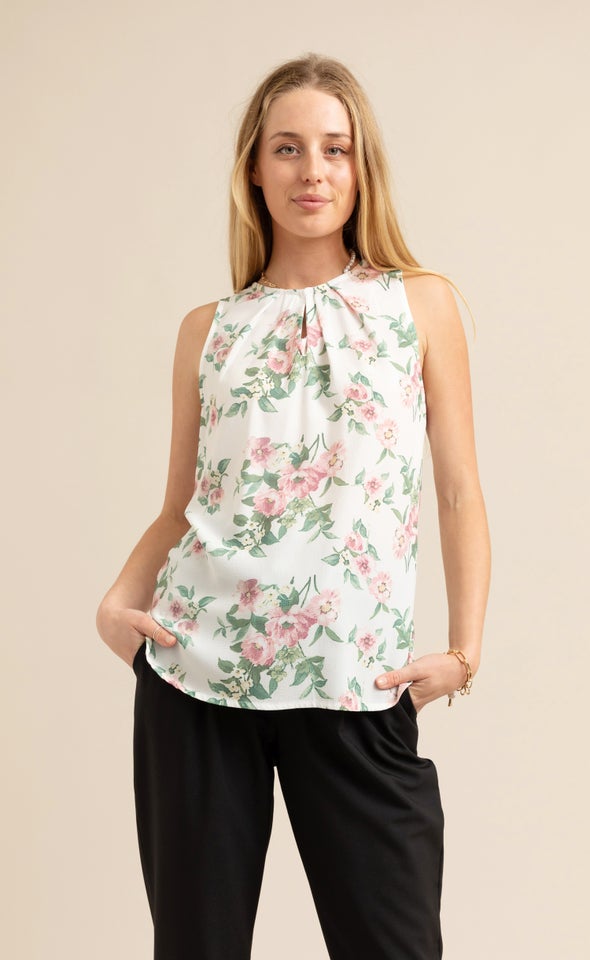 Jersey Back Pleat Top Cream Floral