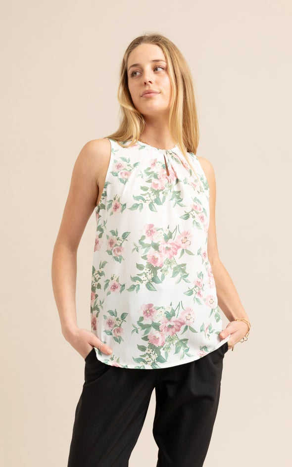 Jersey Back Pleat Top Cream Floral