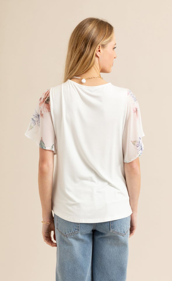 Jersey Back Print Flutter Sleeve Top Cream/pink Floral