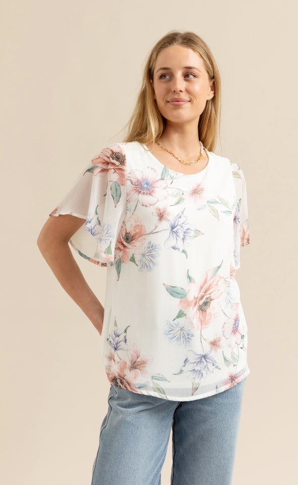 Jersey Back Print Flutter Sleeve Top Cream/pink Floral