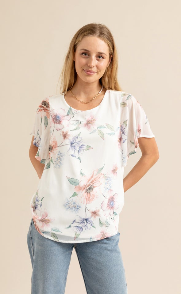 Jersey Back Print Flutter Sleeve Top Cream/pink Floral