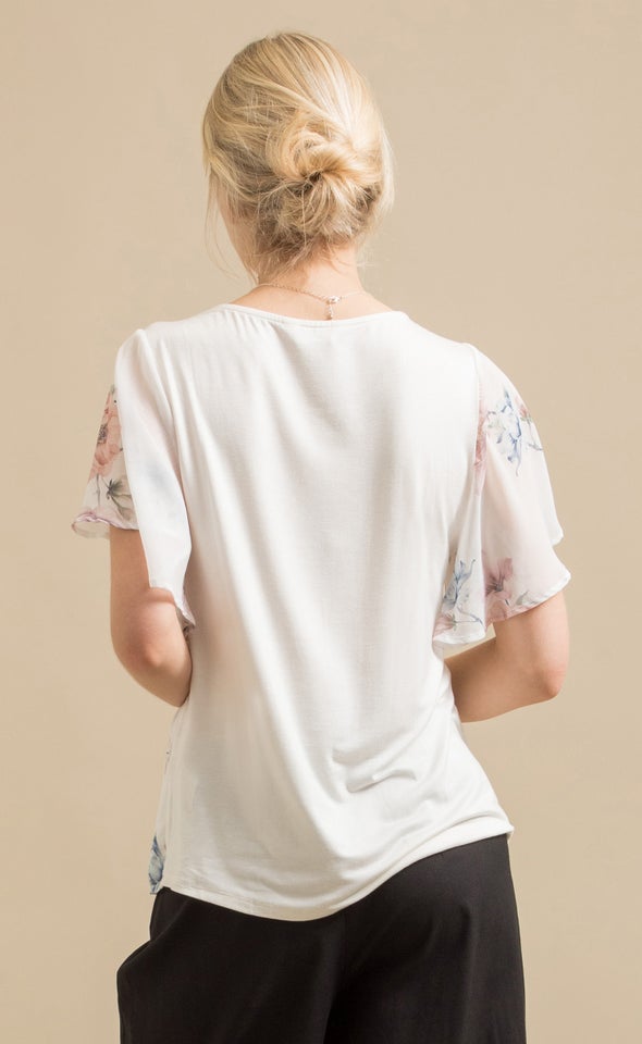 Jersey Back Printed Flutter Sleeve Top Cream/blush Floral