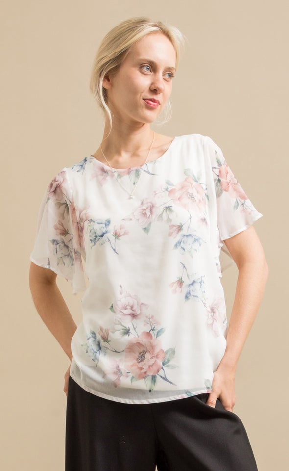 Jersey Back Printed Flutter Sleeve Top Cream/blush Floral