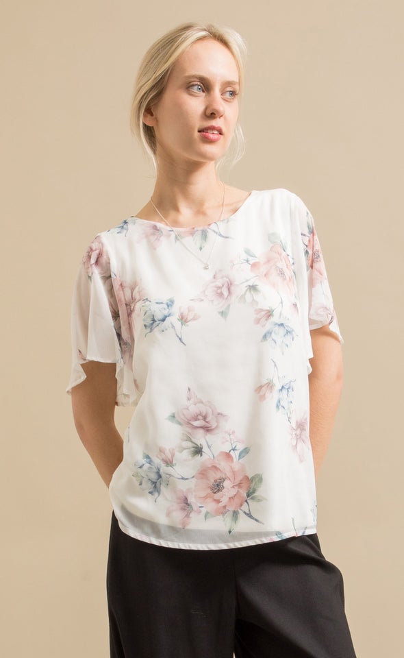 Jersey Back Printed Flutter Sleeve Top Cream/blush Floral