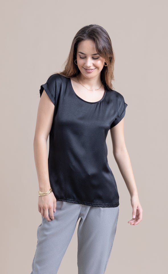 Jersey Back Roll Cuff Top Black