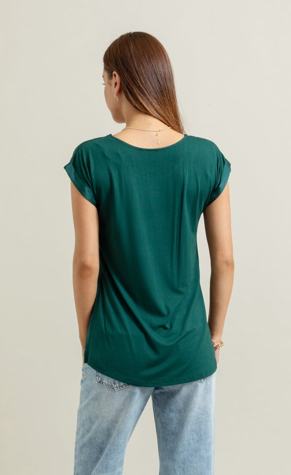 Jersey Back Roll Cuff Top Emerald