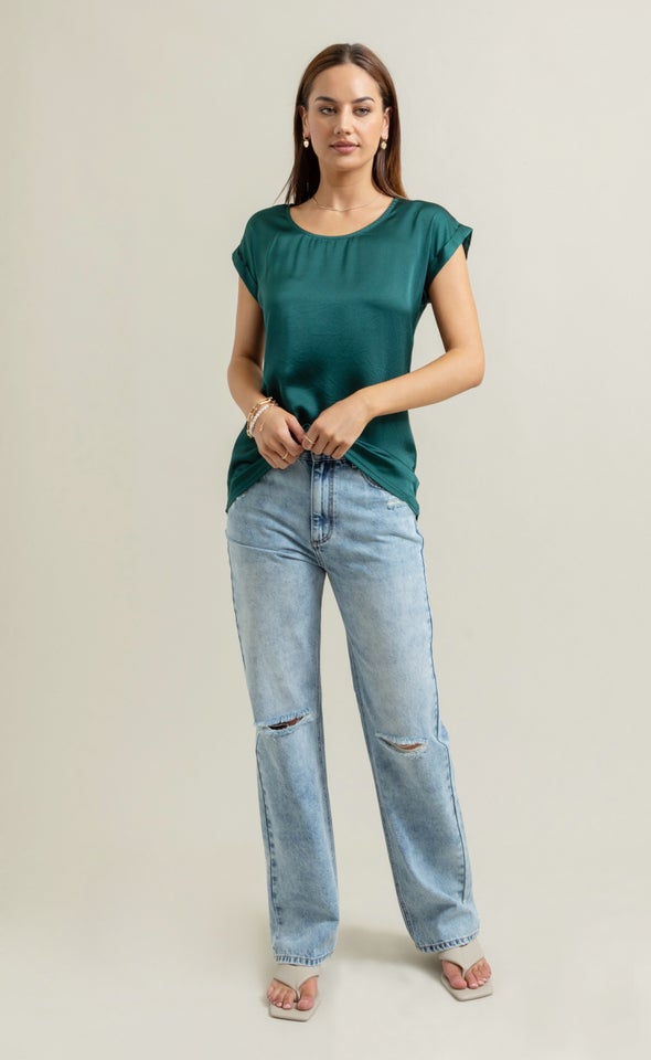 Jersey Back Roll Cuff Top Emerald