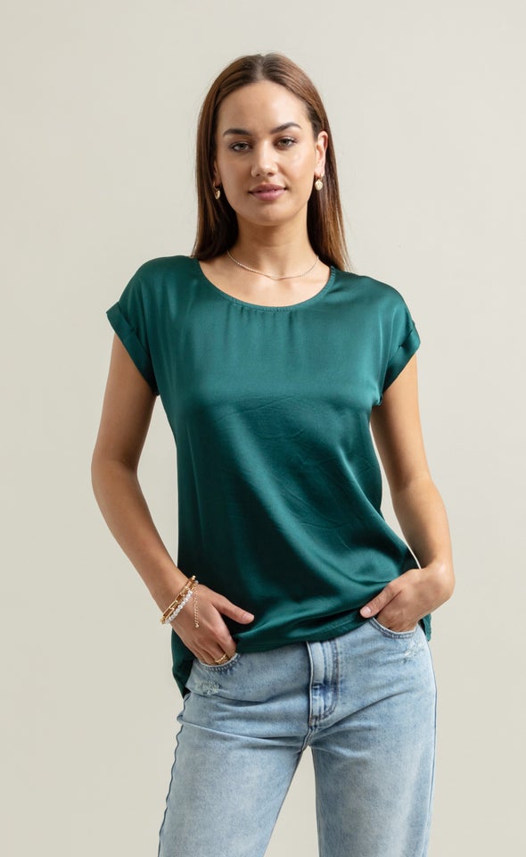 Jersey Back Roll Cuff Top Emerald