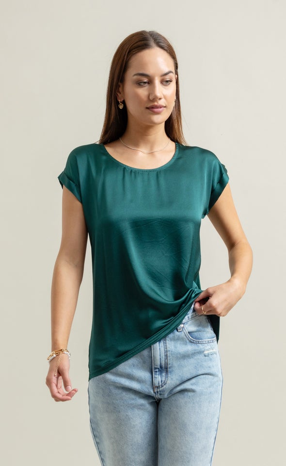 Jersey Back Roll Cuff Top Emerald