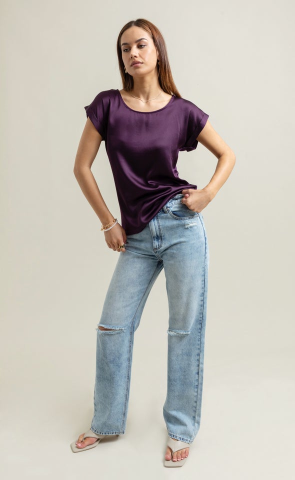 Jersey Back Roll Cuff Top Purple