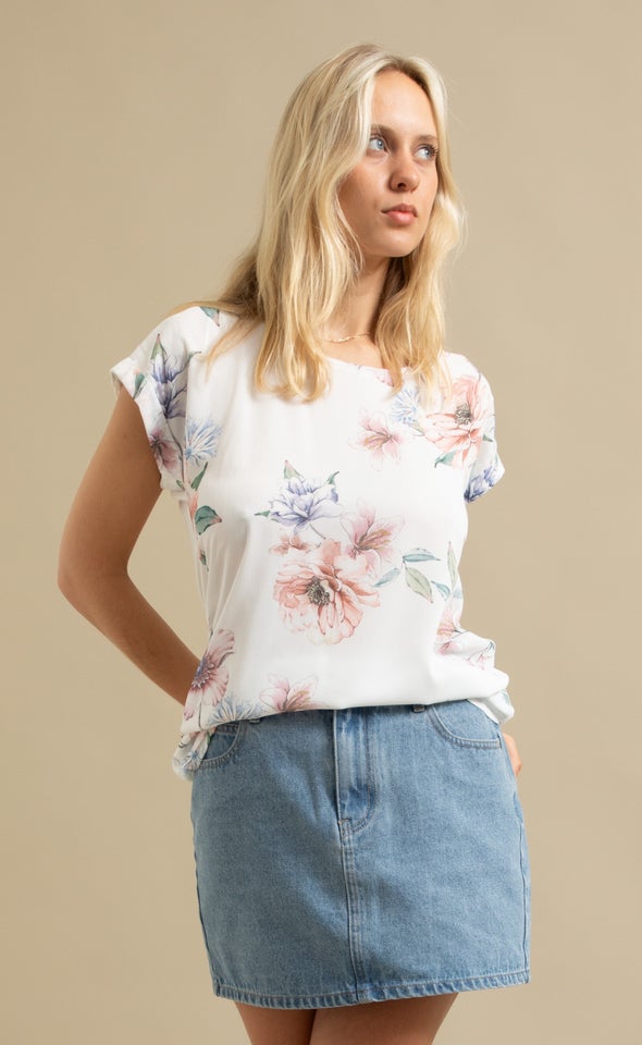 Jersey Back Roll Sleeve Top Cream/floral