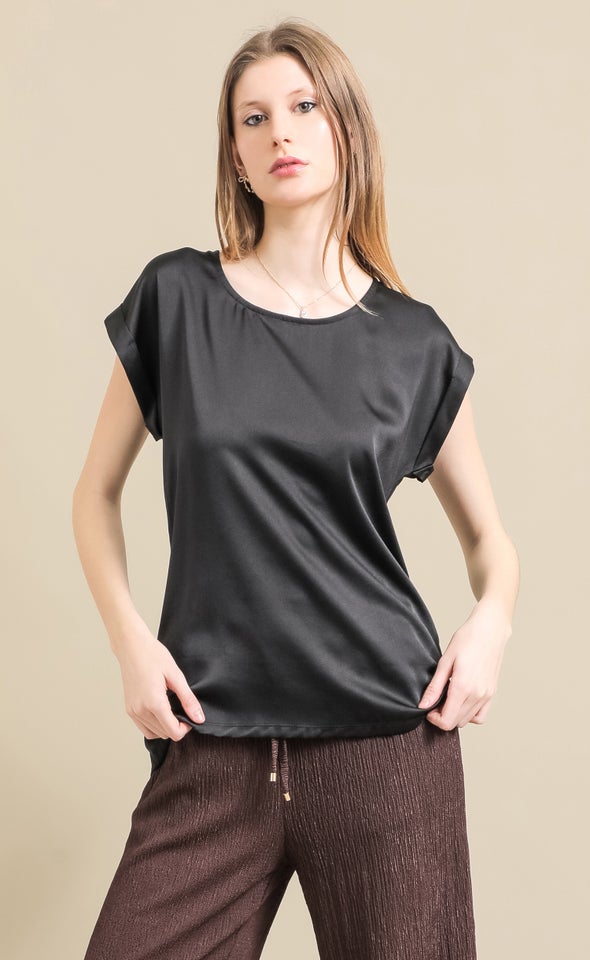 Jersey Back Satin Top Black