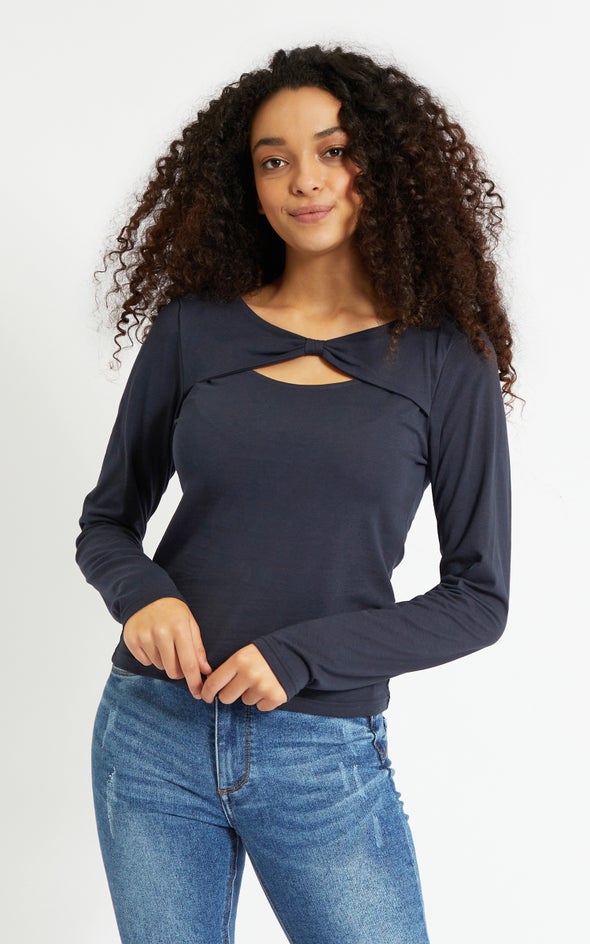Jersey Bow Neck LS Top Navy