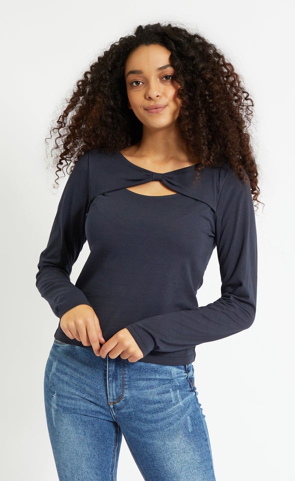 Jersey Bow Neck LS Top Navy