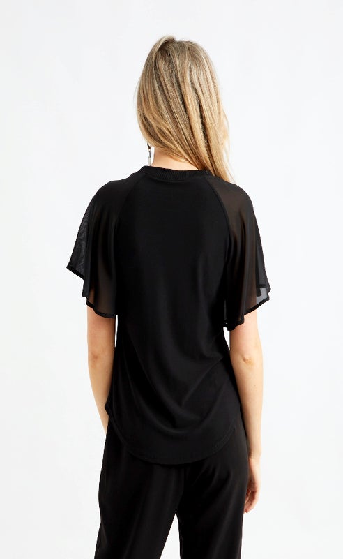Jersey Chiffon Flutter Sleeve Top Black