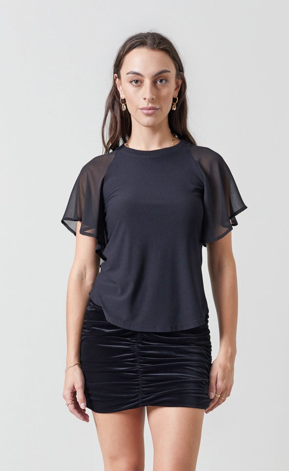 Jersey Chiffon Flutter Sleeve Top Black
