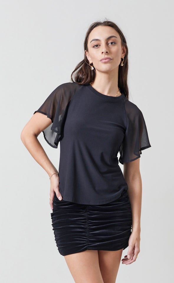 Jersey Chiffon Flutter Sleeve Top Black