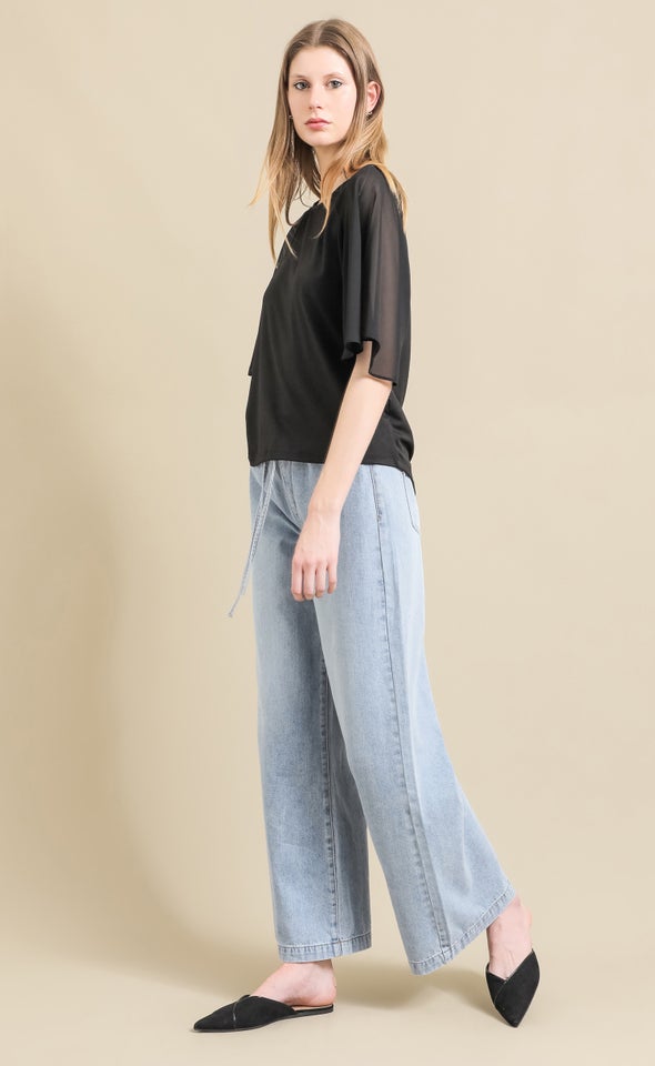 Jersey Chiffon Raglan Top Black