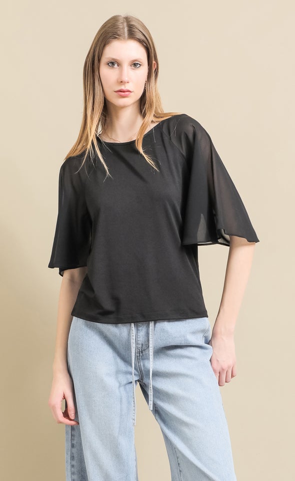 Jersey Chiffon Raglan Top Black
