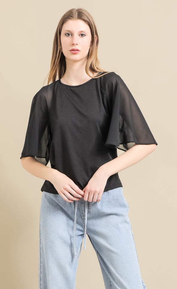 Jersey Chiffon Raglan Top Black