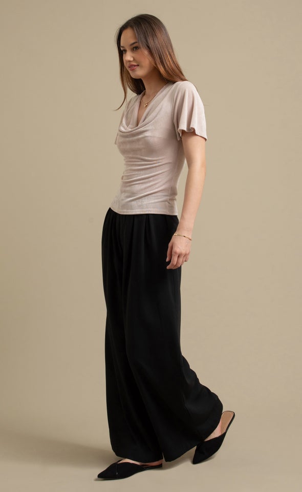 Jersey Fluted Sleeve Cowl Top Soft Gold