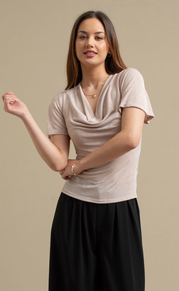 Jersey Fluted Sleeve Cowl Top Soft Gold