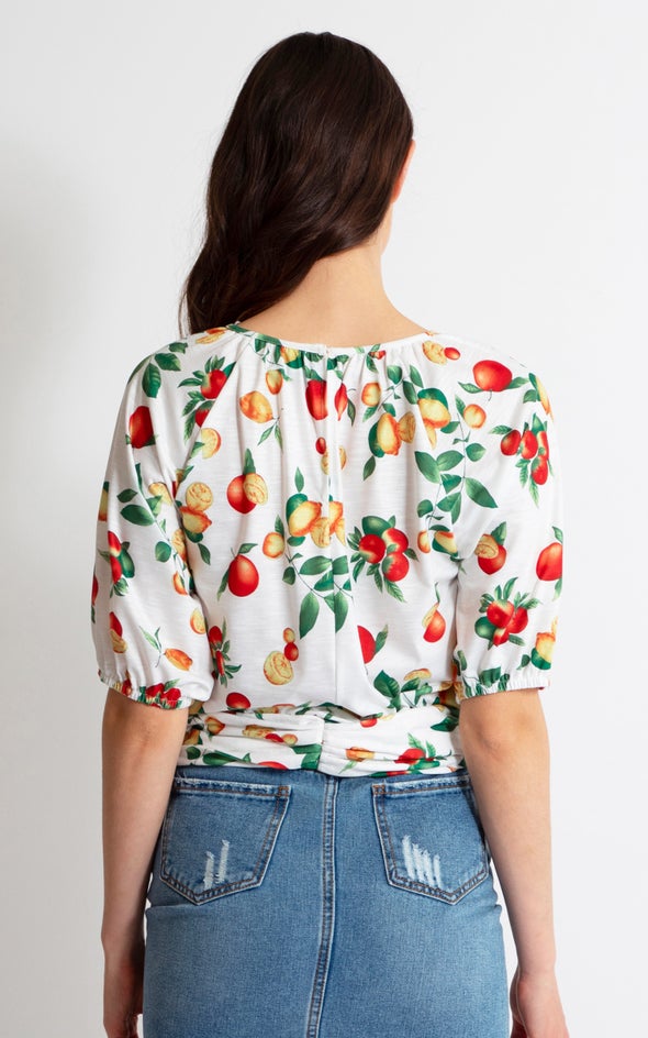 Jersey Fruit Print Puff Sleeve Top White Floral