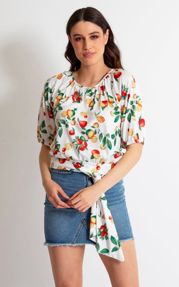 Jersey Fruit Print Puff Sleeve Top White Floral