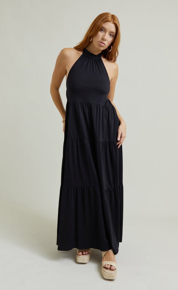 Jersey Halter Neck Maxi Black
