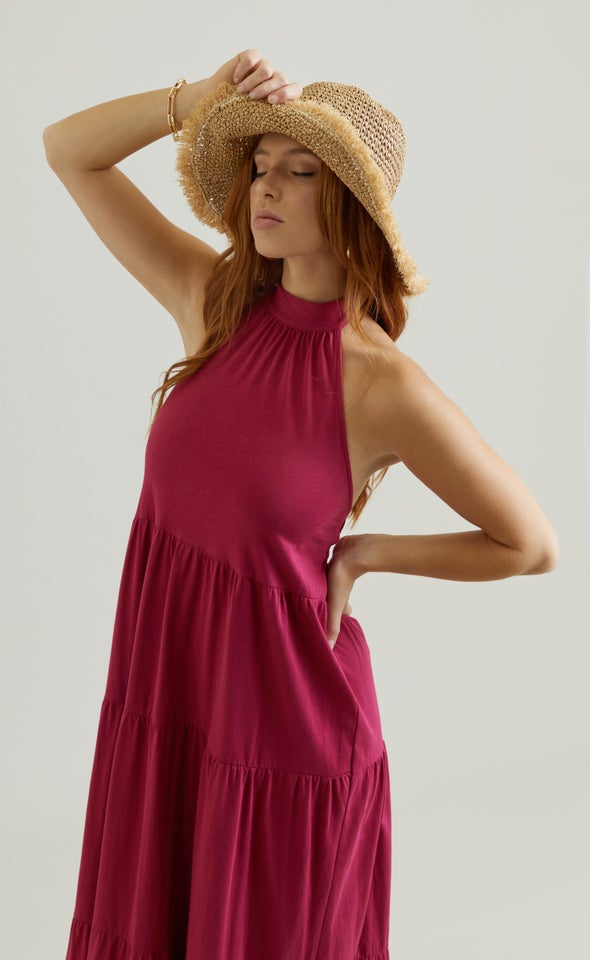 Jersey Halter Neck Maxi Red Wine