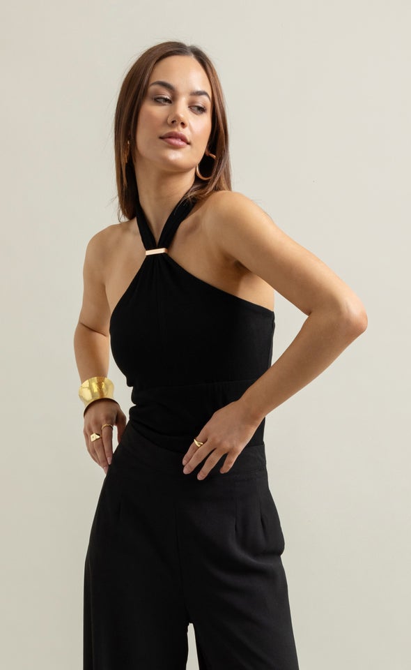 Jersey Halter Neck Top Black/gold