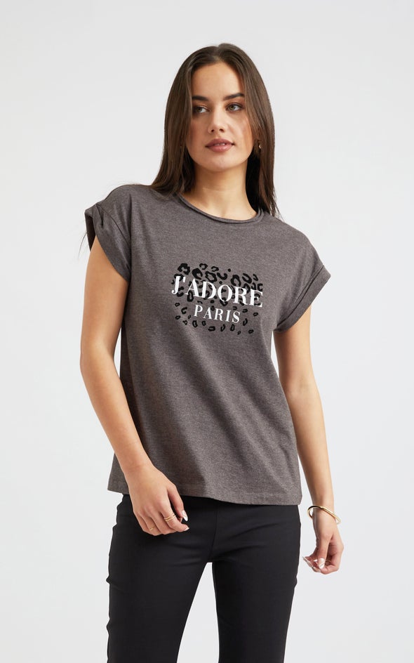 Jersey J'Adore Flocked Print Tee Charcoal Marle