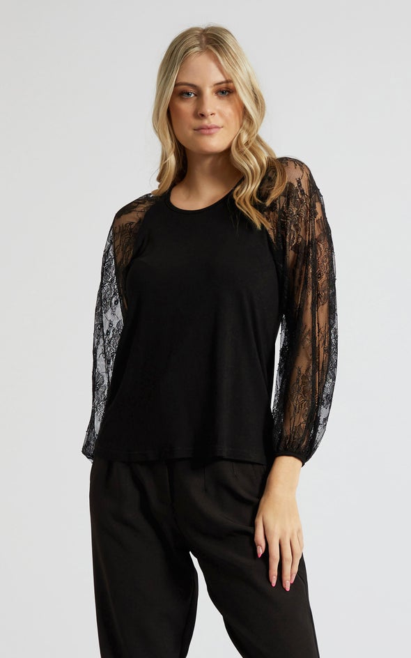 Jersey Lace Sleeve Top Black