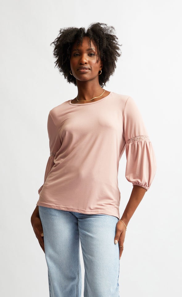 Jersey Lace Trim Top Blush